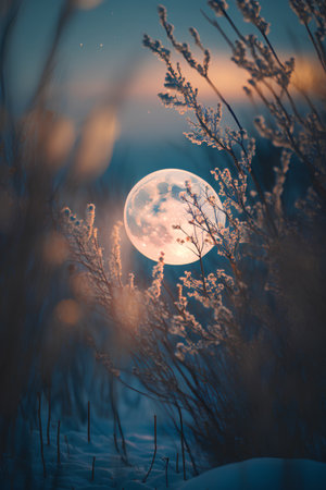 Winter landscape with frozen grass and full moon in the sky at sunsetの素材