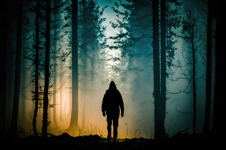 Silhouette of a man in a dark forest. Halloween backgroundの素材
