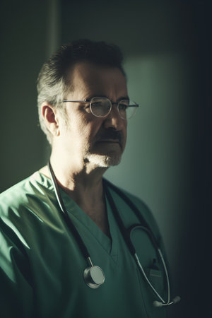 Portrait of senior male doctor with stethoscope and glasses.の素材