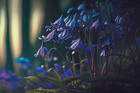 Bluebells blooming in spring forest. 3D illustration.の素材