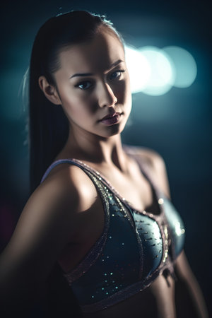 Portrait of a sexy young woman in sportswear over dark backgroundの素材