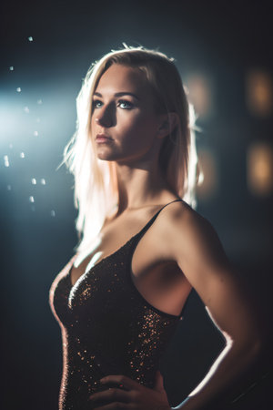 Portrait of a young beautiful blonde woman in a black evening dress.の素材