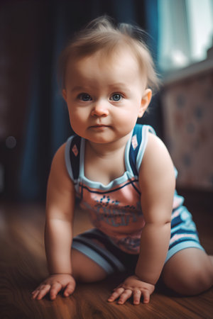 Portrait of a cute little baby girl sitting on the floor.の素材