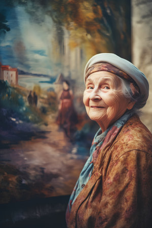 Portrait of an elderly woman on the background of an autumn landscapeの素材