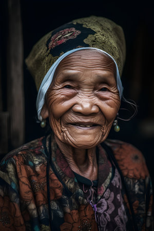 Portrait of an old woman in the village of Lao Cai in Vietnamの素材