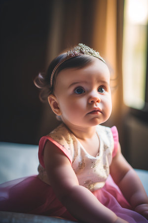 Portrait of a cute little baby girl in a pink dress.の素材