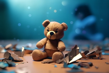 Teddy bear with broken paper on a blue background, 3d renderの素材
