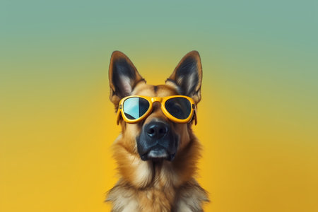 Portrait of a German shepherd dog wearing sunglasses on a yellow background.の素材