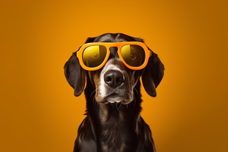 Cute dog wearing orange sunglasses isolated on orange background. Studio shot.の素材