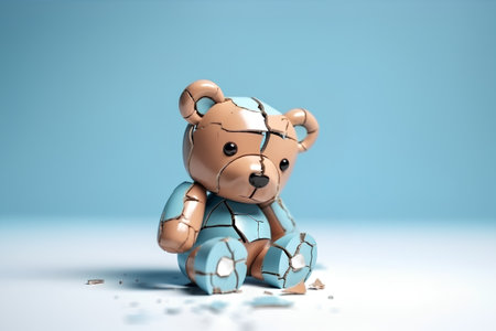 Teddy bear broken into pieces on blue background. 3d renderingの素材