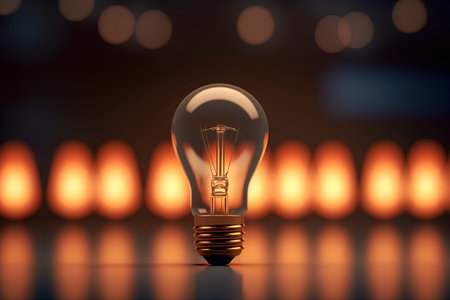 3d illustration of a glowing light bulb on a bokeh backgroundの素材