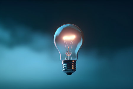 Glowing light bulb on dark blue background, 3D rendering.の素材