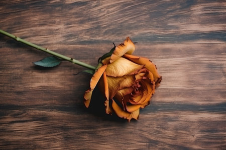 Beautiful orange rose on a wooden background. Top view, flat lay.の素材
