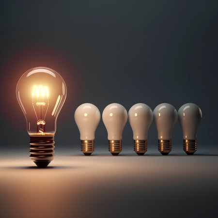 Idea concept with light bulb and group of light bulbs on grey backgroundの素材