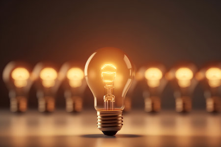 Glowing light bulb in a row of light bulbs. 3D renderingの素材