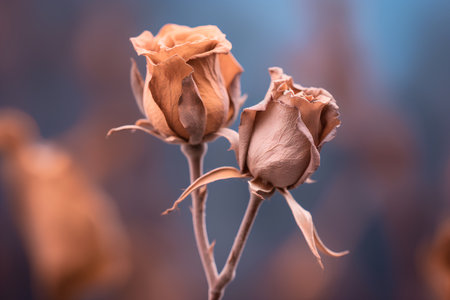 Dried roses on a blue background. Close up. Toned.の素材