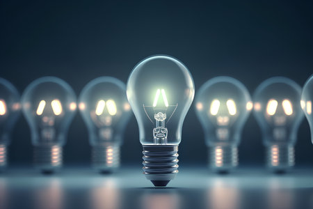 Glowing light bulb on dark background with idea sign 3D renderingの素材