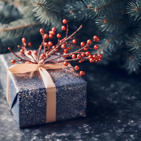 Christmas gift box with red berries and fir branches on a dark backgroundの素材