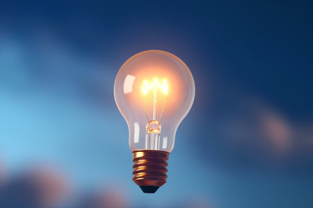 Glowing light bulb on blue blurred background, 3D rendering.の素材