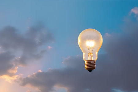 Glowing light bulb on a blue sky background. 3d renderingの素材