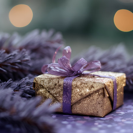 Christmas gift box with purple ribbon and fir branches on bokeh backgroundの素材