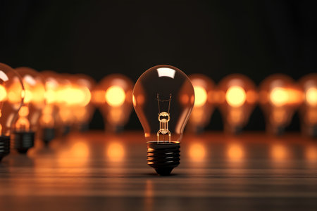 Idea concept. Light bulb in a row of incandescent bulbs. 3D renderingの素材