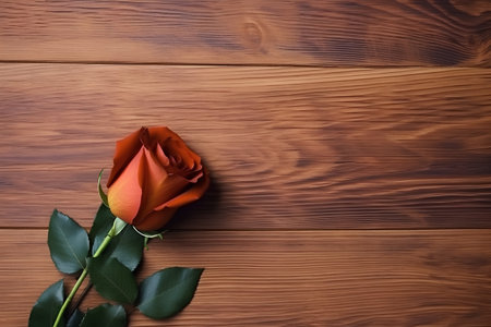 Red rose on a wooden background with space for text. Valentine's Dayの素材
