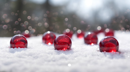 Red christmas balls on snow with bokeh background, shallow depth of fieldの素材