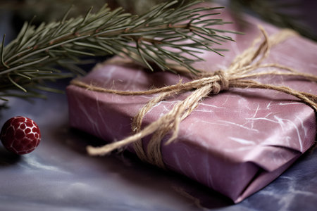 Christmas gift wrapped in brown craft paper and tied with twine on a gray backgroundの素材