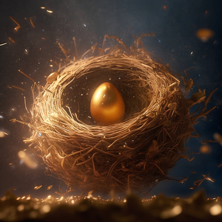 Golden egg in the nest on a dark background. 3d renderingの素材