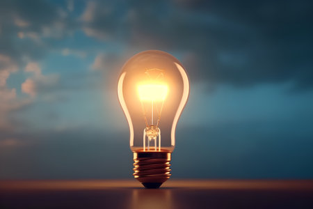 Glowing light bulb on dark blue sky background. 3D renderingの素材