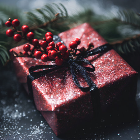 Christmas greeting card. Festive decoration on dark background. New Year concept. Selective focus.の素材