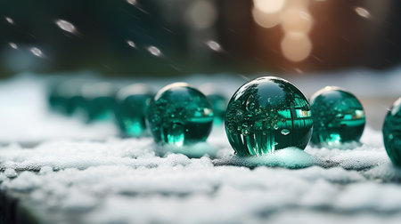 Green glass christmas balls on snow background with bokeh lightsの素材