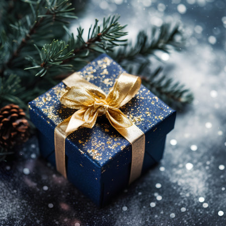 Christmas background with gift box and fir tree branch on bokeh backgroundの素材