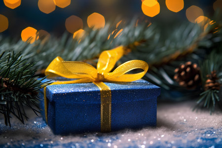 Blue gift box with gold ribbon and christmas tree branch on bokeh backgroundの素材
