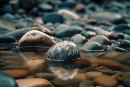 Close up of a stone in water with some pebbles in the backgroundの素材
