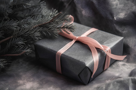 Christmas gift box with red ribbon and fir tree branch on dark backgroundの素材