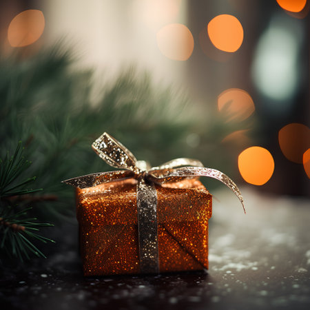 Christmas gift box with gold ribbon on the bokeh background.の素材