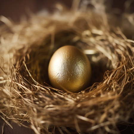Golden egg in the nest. Easter background. Selective focus.の素材