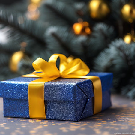 Christmas gift box with golden bow on bokeh background, closeupの素材