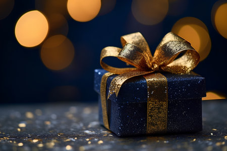 Gift box with golden bow on bokeh lights background.の素材
