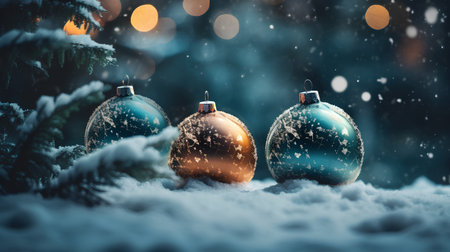 Beautiful golden and silver christmas balls on snow with bokeh backgroundの素材