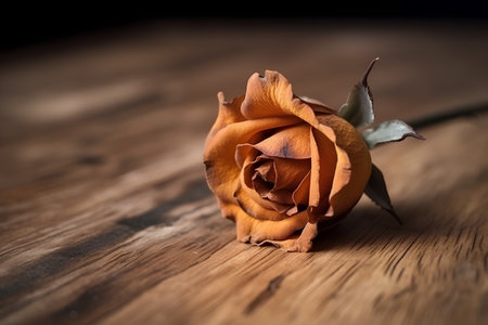 Withered orange rose on a wooden table with copyspaceの素材