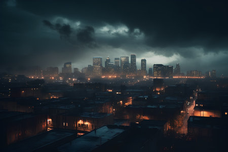 Night cityscape with silhouette of skyscrapers and buildings in fogの素材