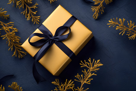 Gift box with a black ribbon on a dark background with yellow branches.の素材