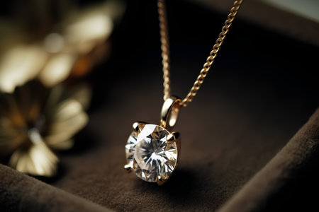 jewelry diamond pendant on a gold chain in a boxの素材