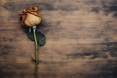 Withered rose on wooden background with copy space for text.の素材