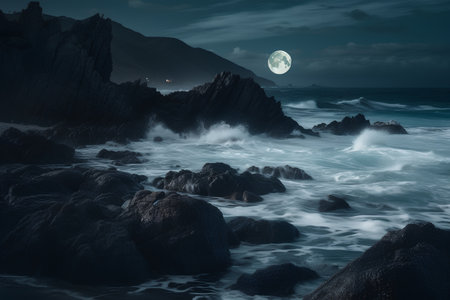 Full moon over the sea in full moon light. Fantasy landscape.の素材