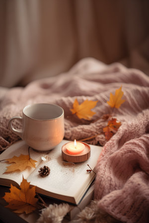 Cozy autumn still life with a cup of coffee, book, candles and autumn leavesの素材