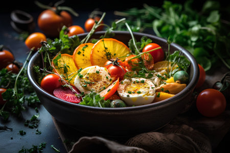Healthy breakfast. Fresh salad with egg, persimmon, tomatoes and microgreen.の素材